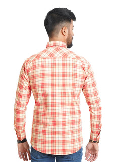 Peach Self Check Button Down Casual Shirt (CSC-090)