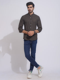 Dark Browrn Self Check Button Down Casual Shirt (CSC-099)