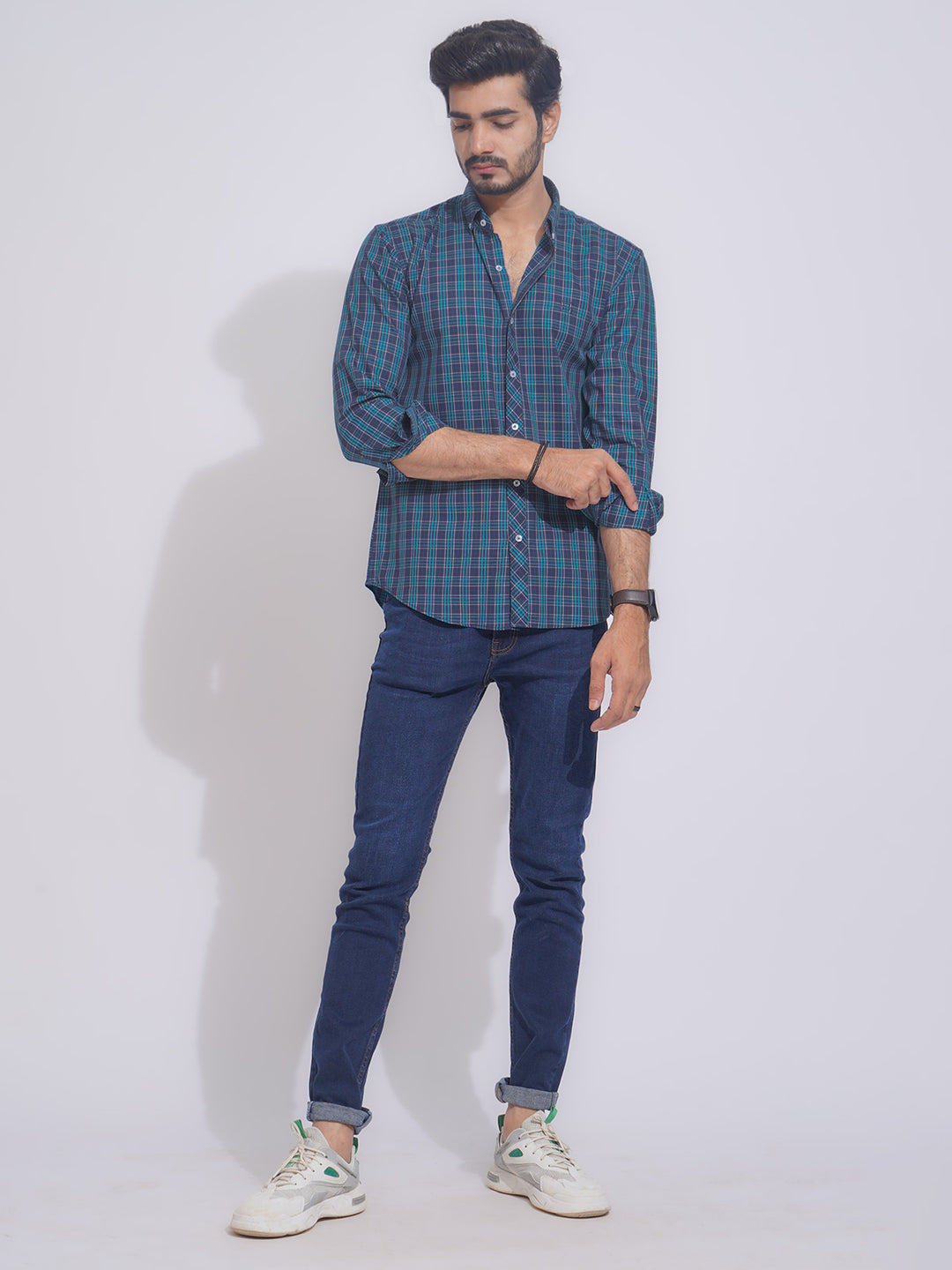 Teal Blue Check Button Down Casual Shirt (CSC-100)