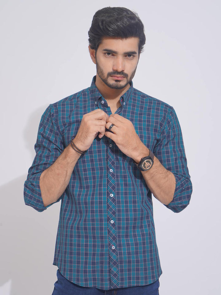 Teal Blue Check Button Down Casual Shirt (CSC-100)