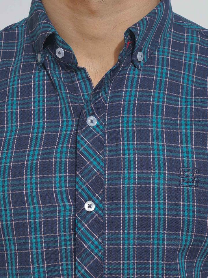 Teal Blue Check Button Down Casual Shirt (CSC-100)