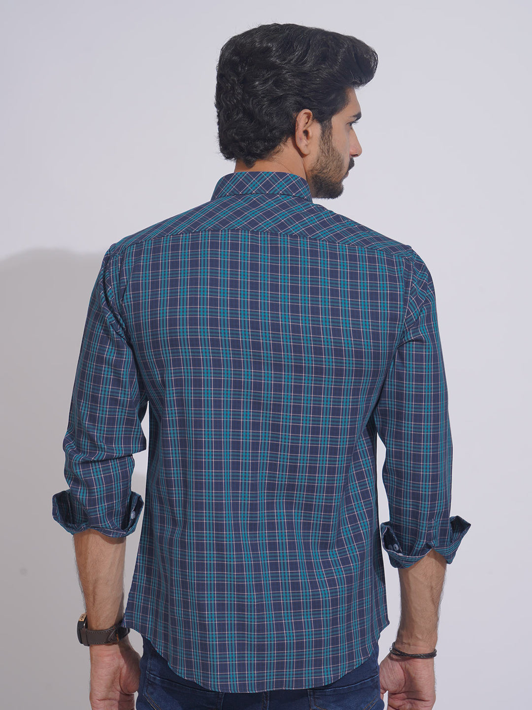 Teal Blue Check Button Down Casual Shirt (CSC-100)