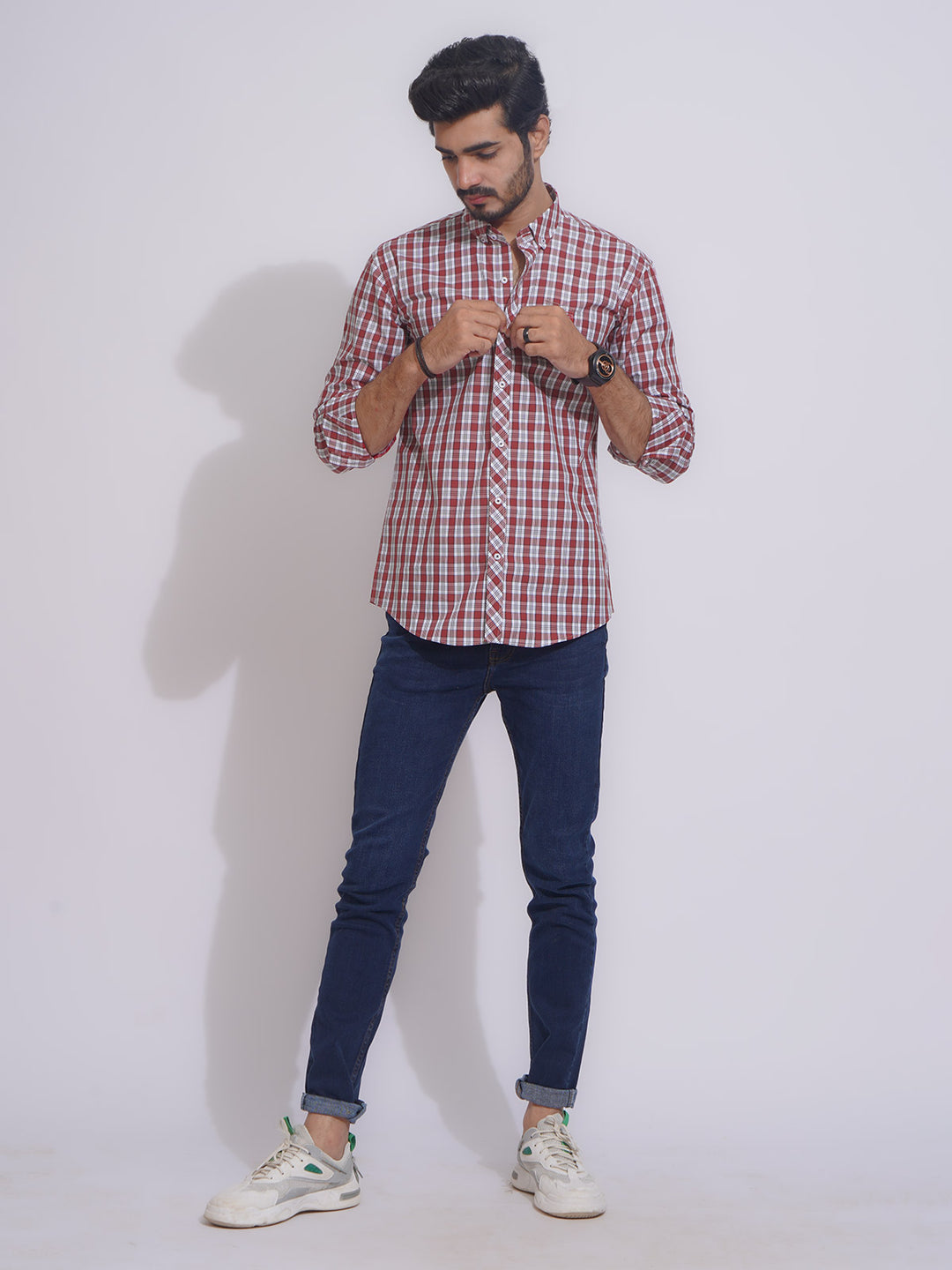 White & Red Check Button Down Casual Shirt (CSC-106)