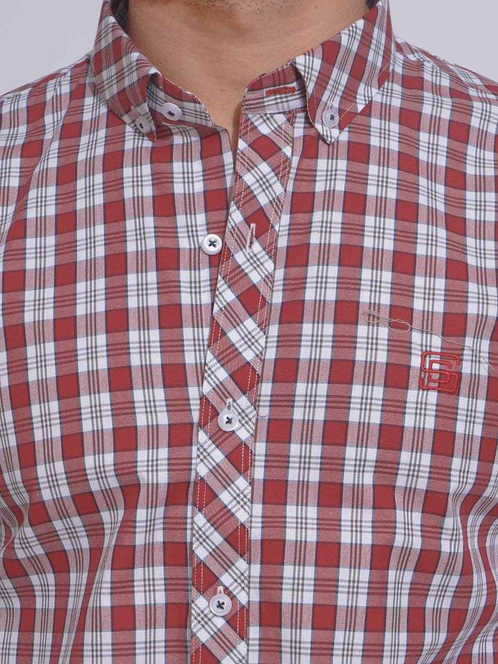 White & Red Check Button Down Casual Shirt (CSC-106)