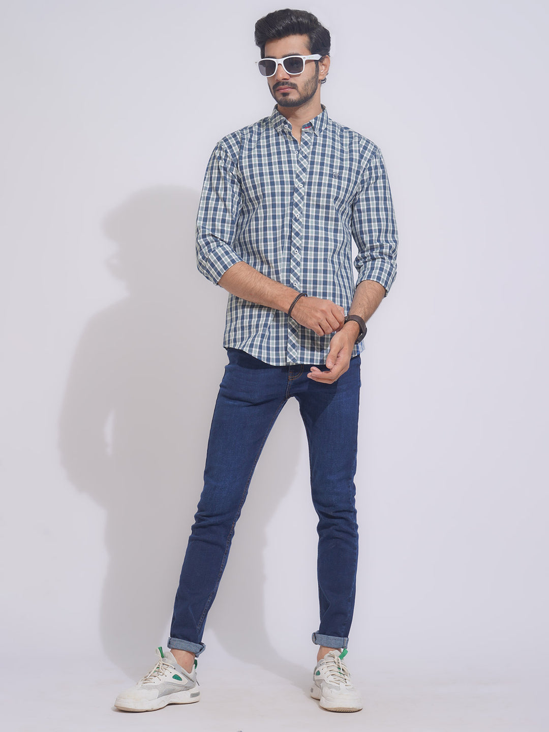 Blue & White Check Button Down Casual Shirt (CSC-107)