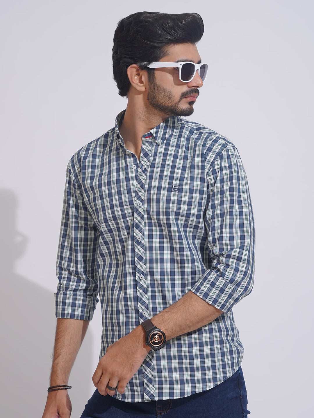 Blue & White Check Button Down Casual Shirt (CSC-107)