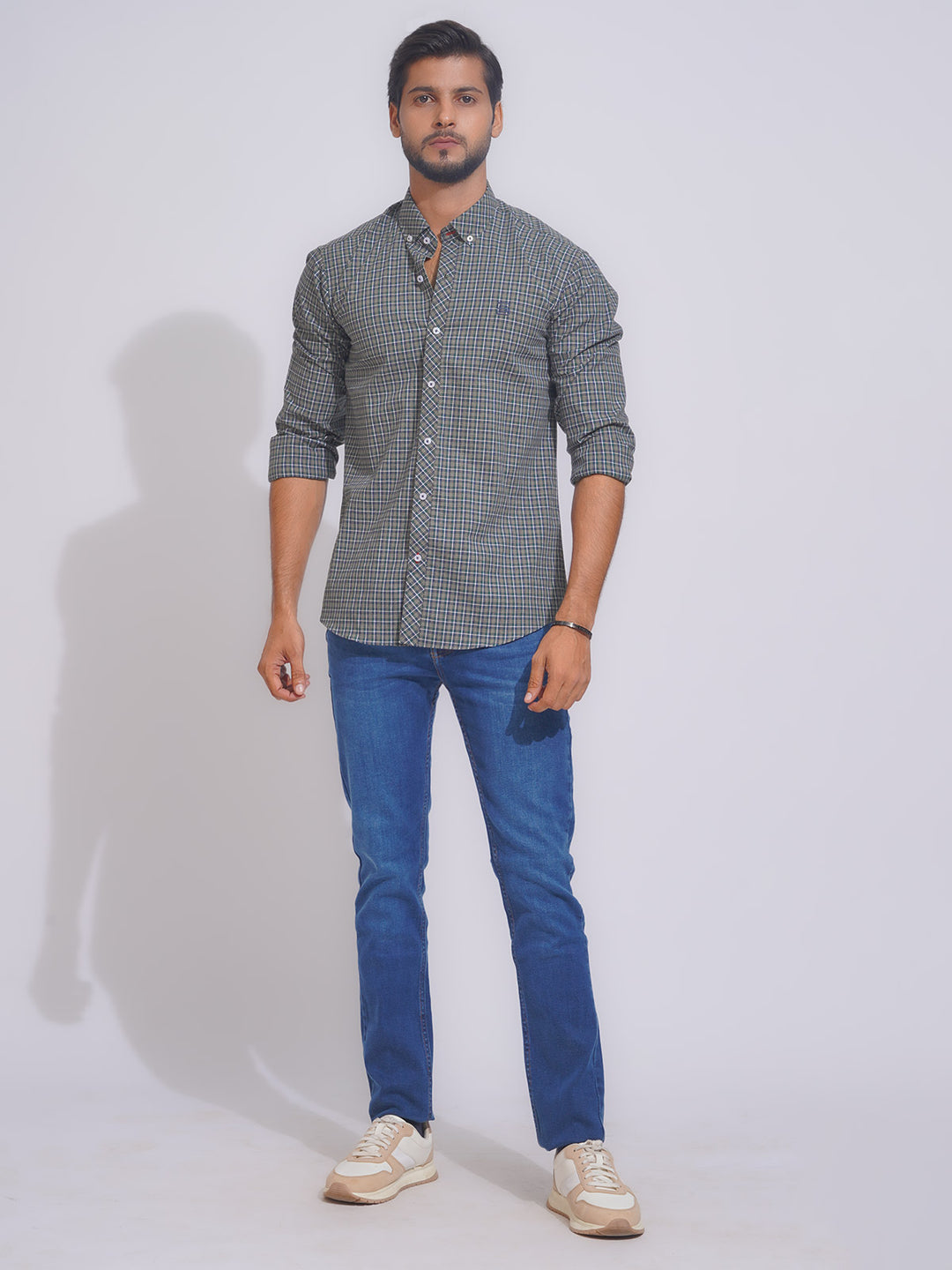 Grey & Blue Self Check Button Down Casual Shirt (CSC-108)