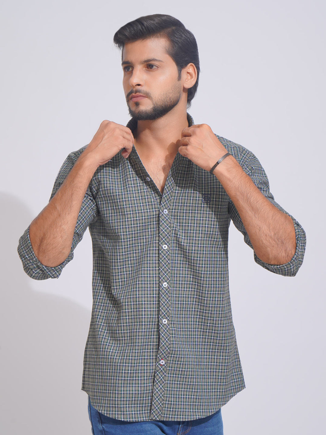 Grey & Blue Self Check Button Down Casual Shirt (CSC-108)