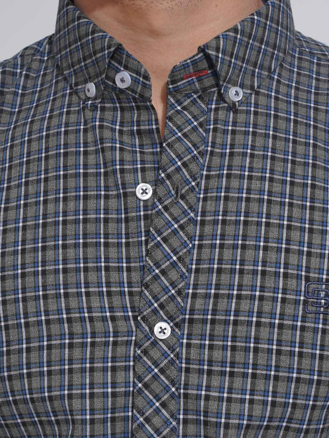 Grey & Blue Check Button Down Casual Shirt (CSC-109)