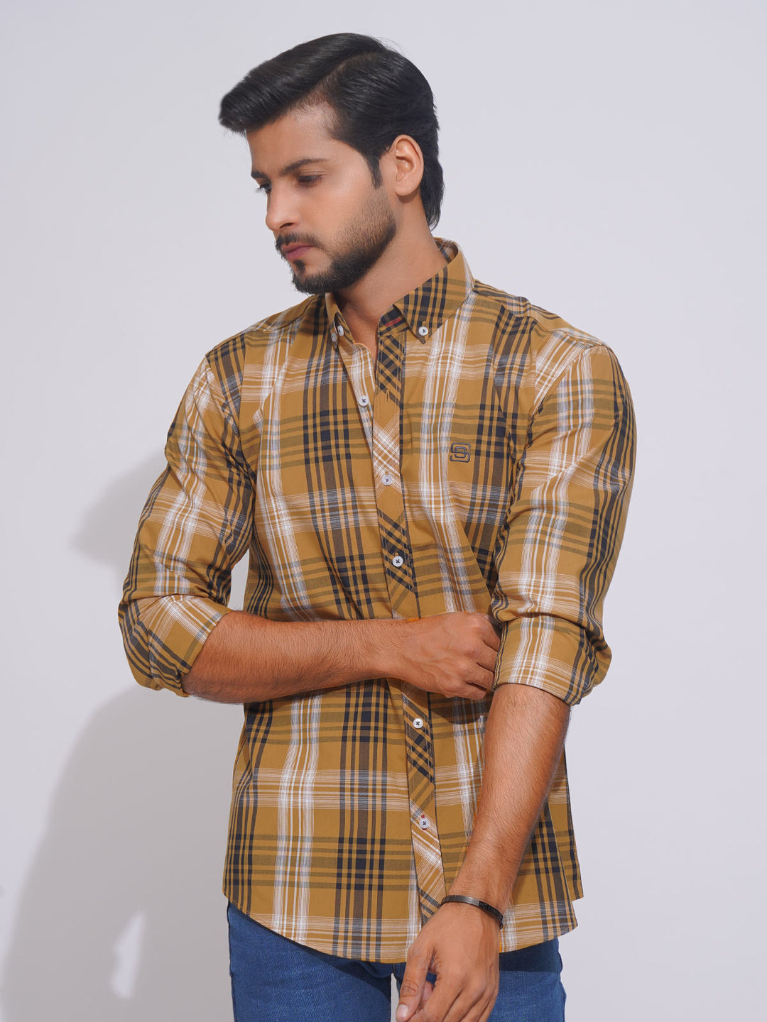 Mustard Check Button Down Casual Shirt (CSC-110)