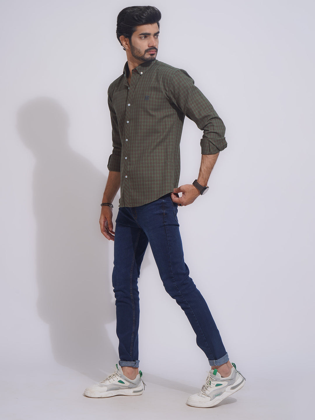 Olive Self Check Button Down Casual Shirt (CSC-113)