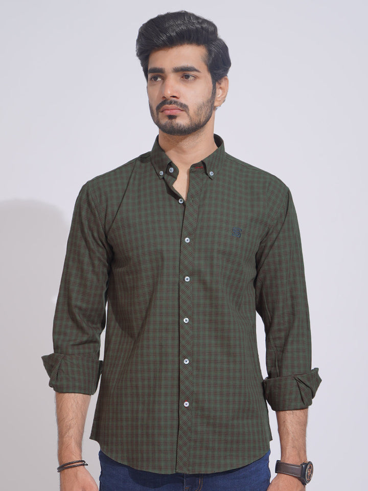 Olive Self Check Button Down Casual Shirt (CSC-113)