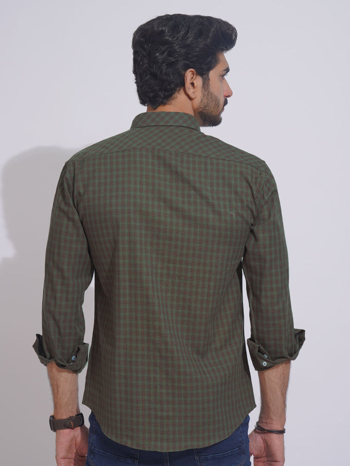 Olive Self Check Button Down Casual Shirt (CSC-113)