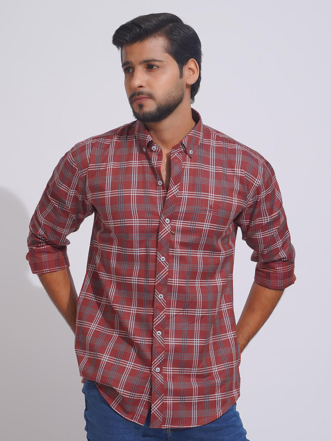 Red Self Check Button Down Casual Shirt (CSC-114)