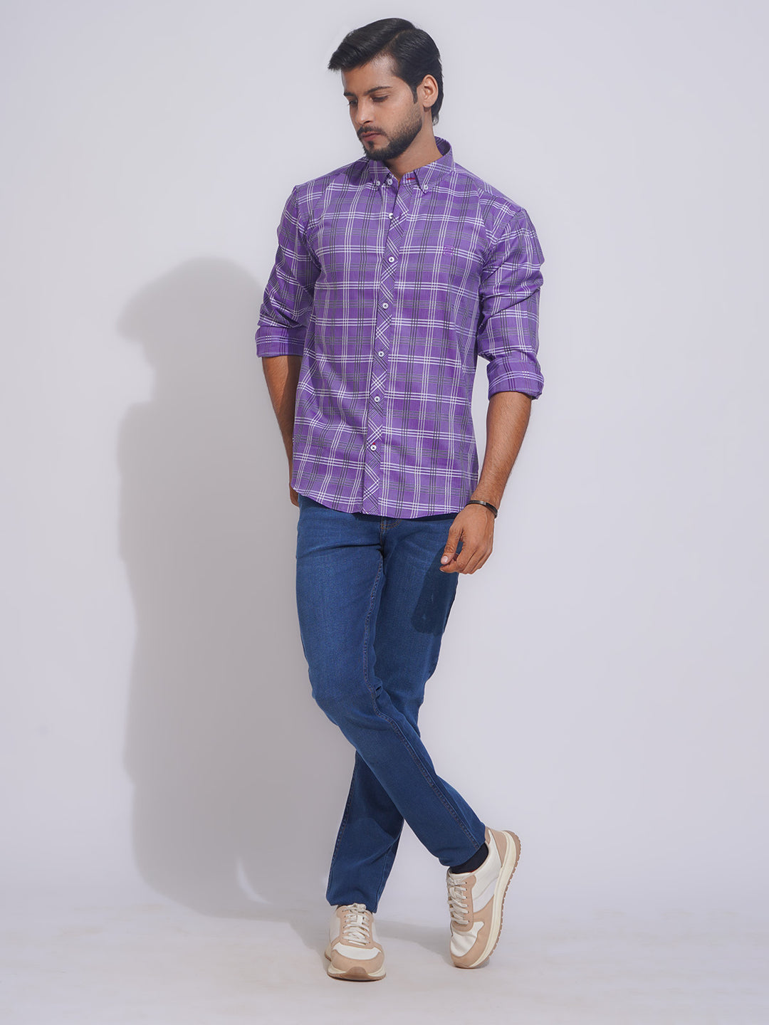 Lilac Self Check Button Down Casual Shirt (CSC-115)