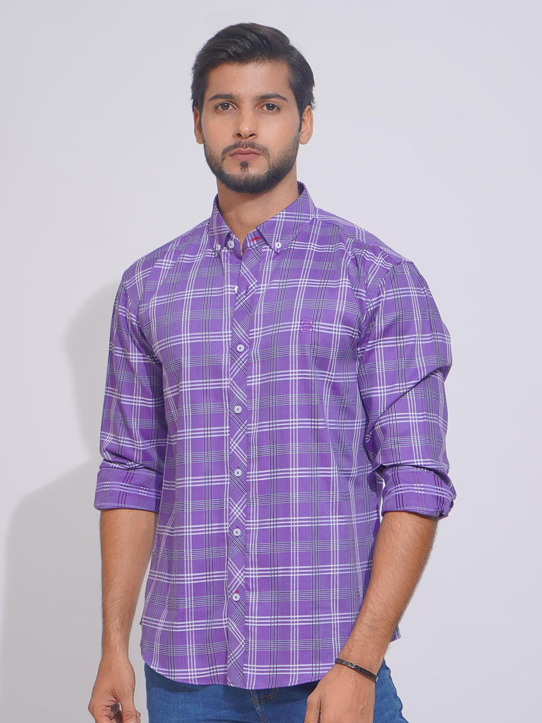 Lilac Self Check Button Down Casual Shirt (CSC-115)