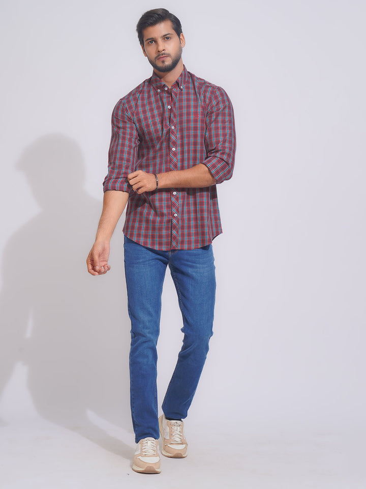 Red & Multi Check Button Down Casual Shirt (CSC-116)