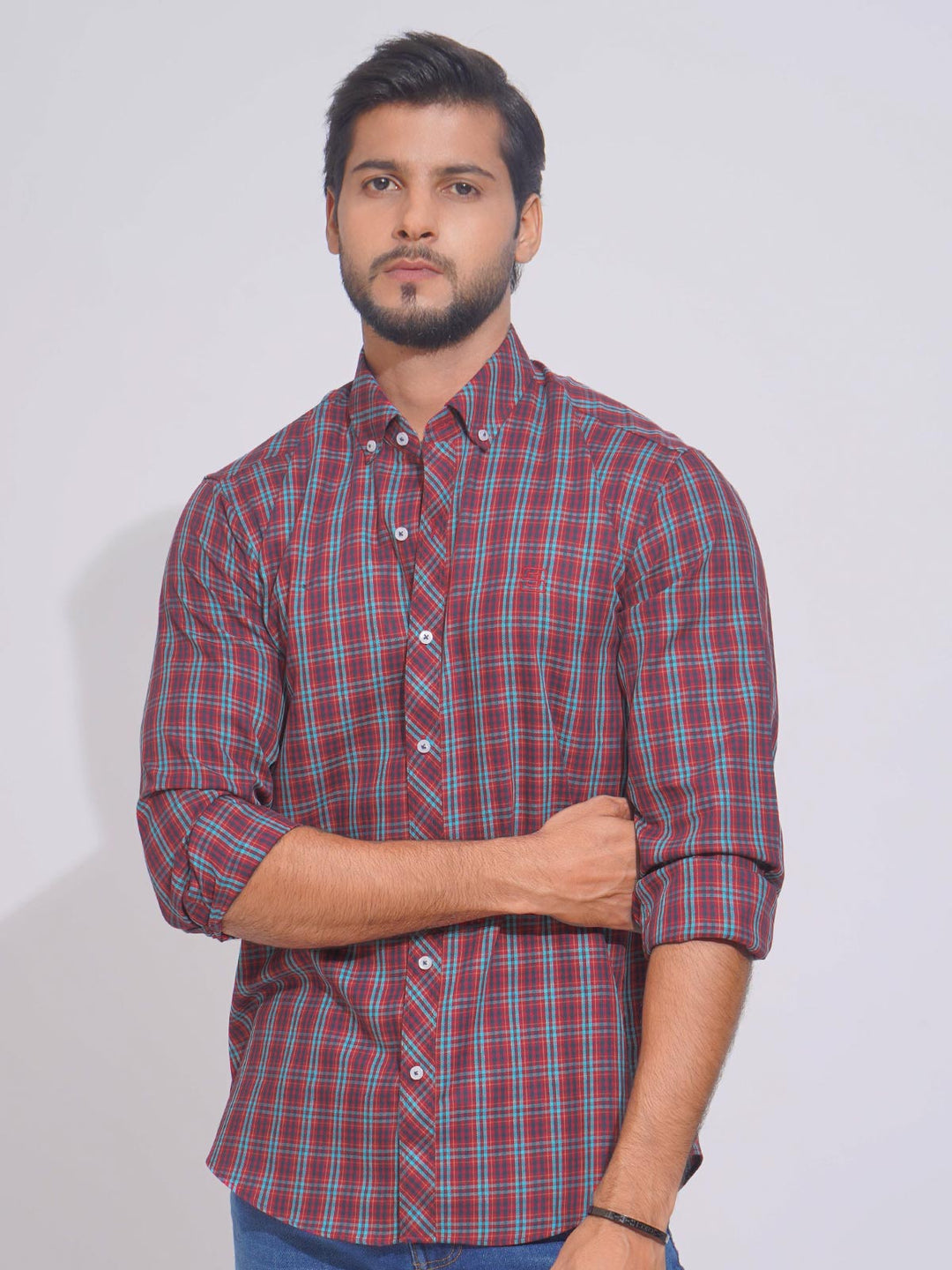 Red & Multi Check Button Down Casual Shirt (CSC-116)