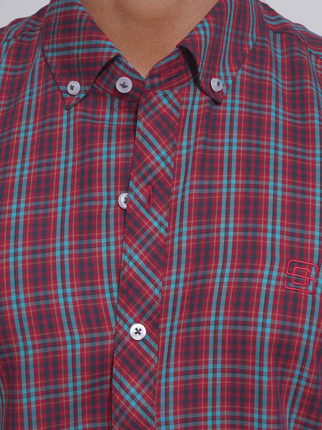 Red & Multi Check Button Down Casual Shirt (CSC-116)