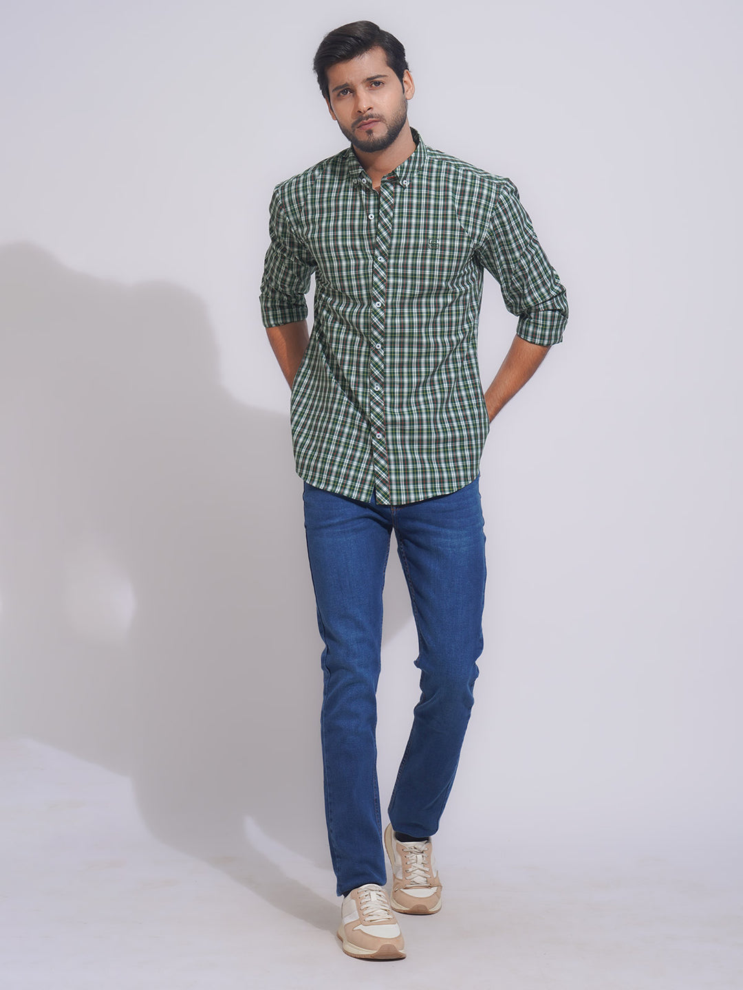 Green & White Check Button Down Casual Shirt (CSC-117)