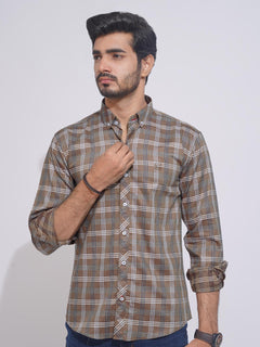 Brown Self Check Button Down Casual Shirt (CSC-119)