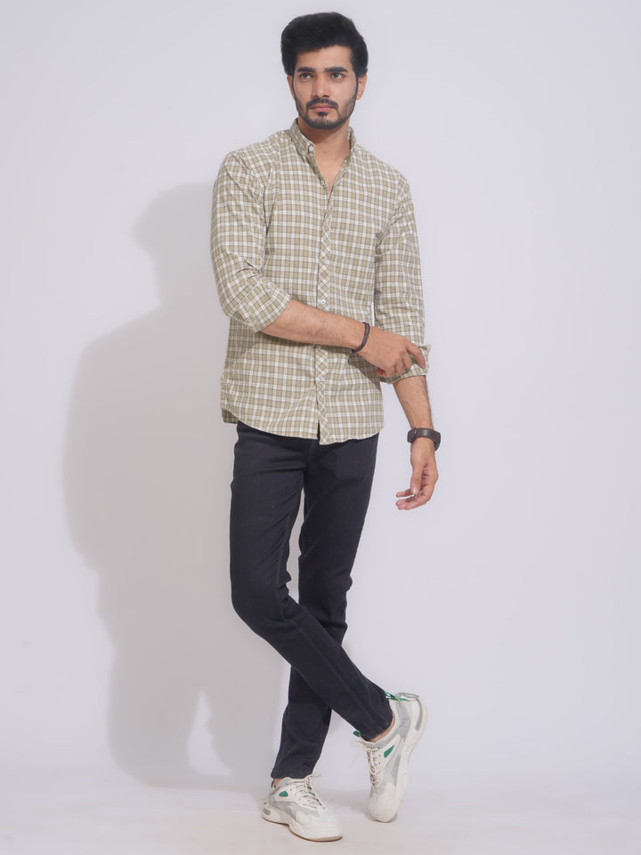 Fawn Color Check Button Down Casual Shirt (CSC-121)