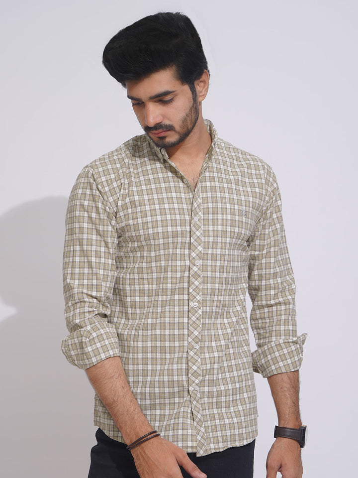 Fawn Color Check Button Down Casual Shirt (CSC-121)