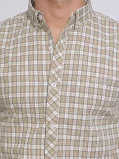 Fawn Color Check Button Down Casual Shirt (CSC-121)