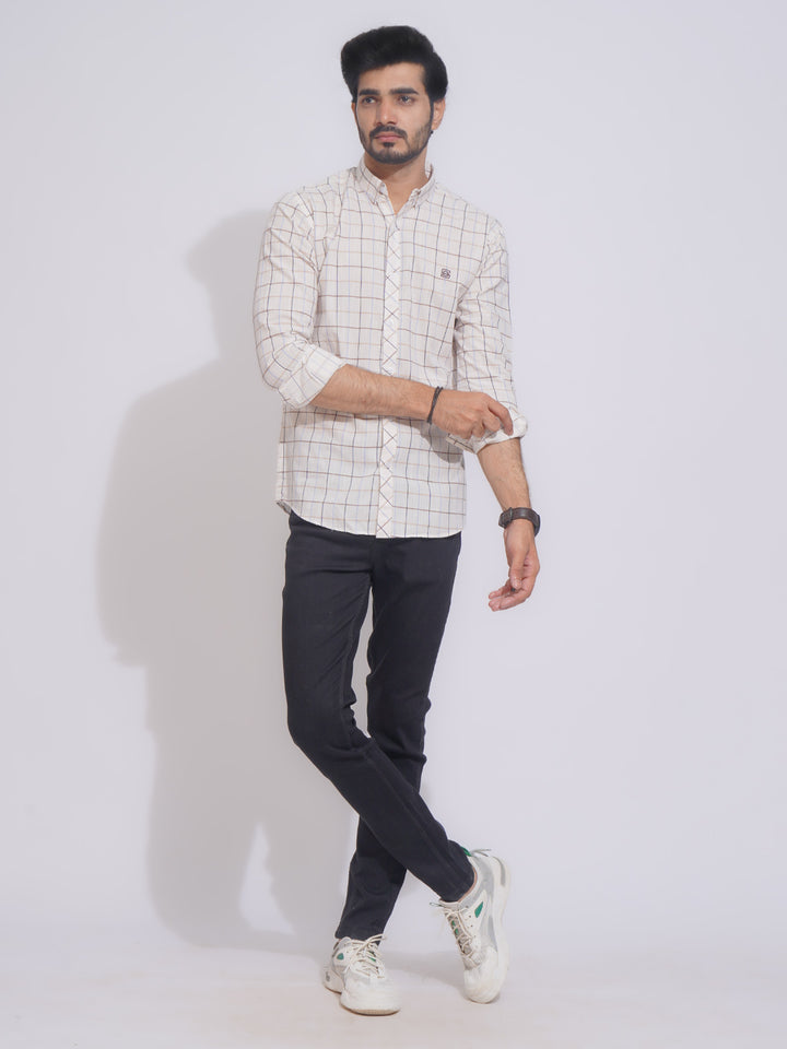 White Color Check Button Down Casual Shirt (CSC-123)