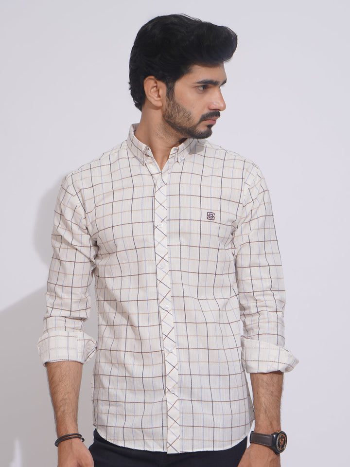 White Color Check Button Down Casual Shirt (CSC-123)