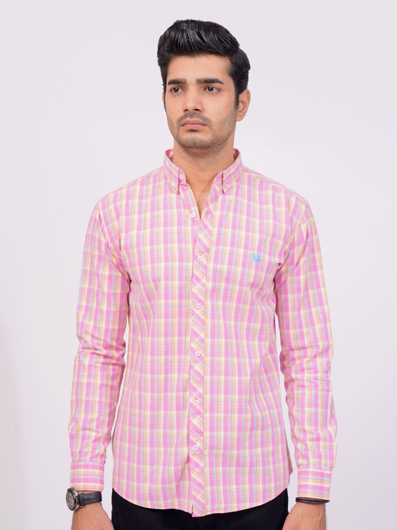 Pink Color Check Button Down Casual Shirt (CSC-126)