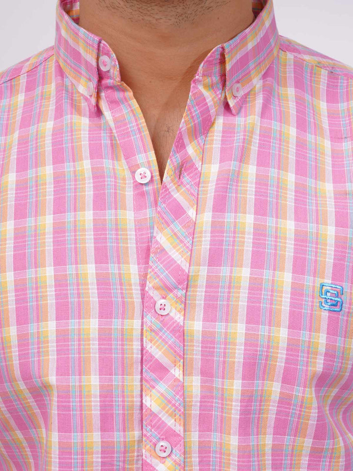 Pink Color Check Button Down Casual Shirt (CSC-126)