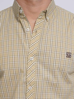 Fawn Color Check Button Down Casual Shirt (CSC-127)