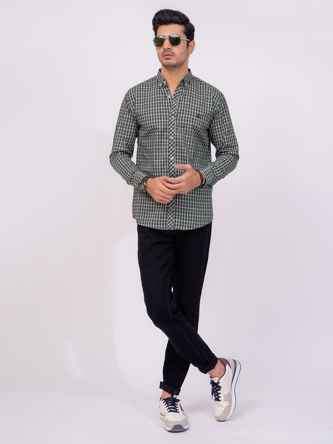 Green & Black Color Check Button Down Casual Shirt (CSC-128)