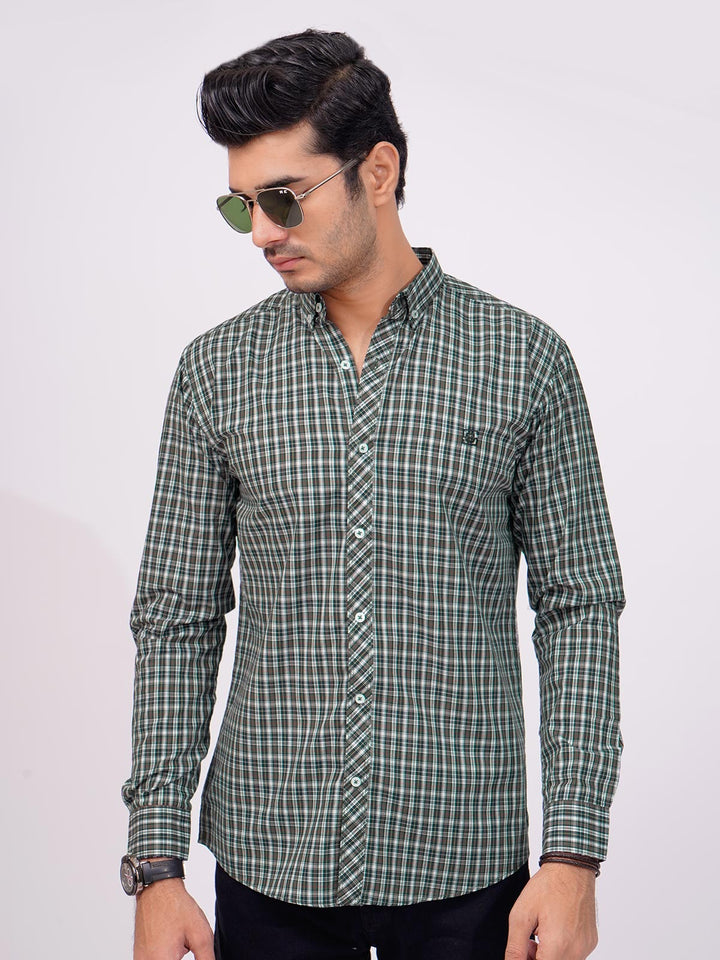 Green & Black Color Check Button Down Casual Shirt (CSC-128)