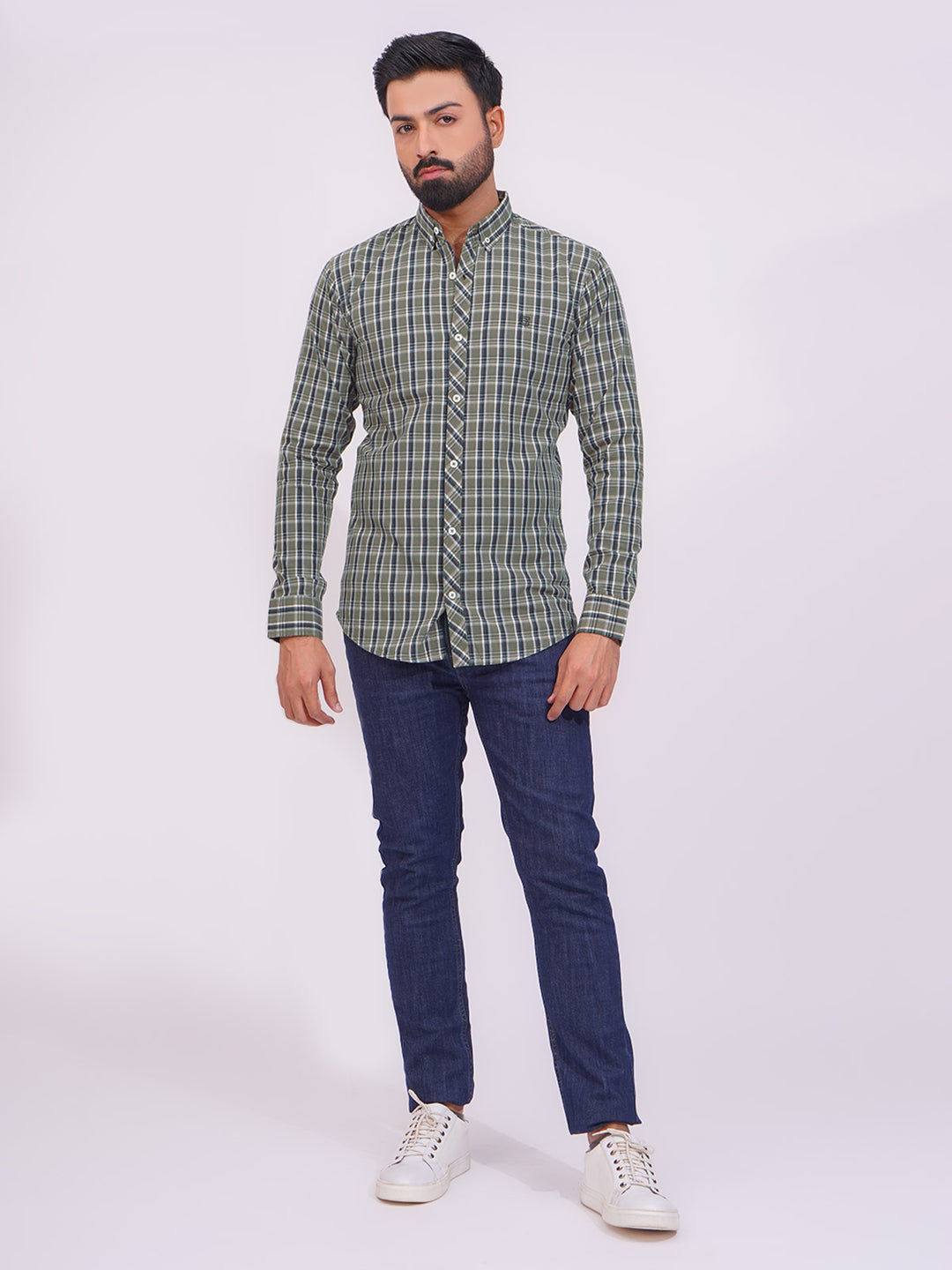 Green Color Check Button Down Casual Shirt (CSC-133)