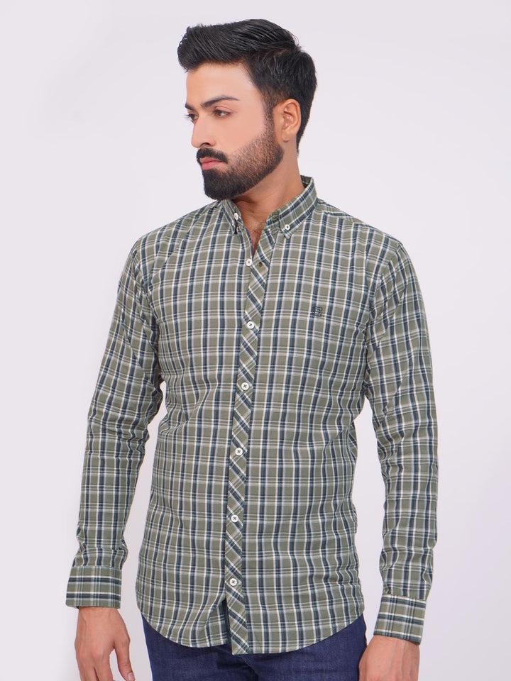 Green Color Check Button Down Casual Shirt (CSC-133)