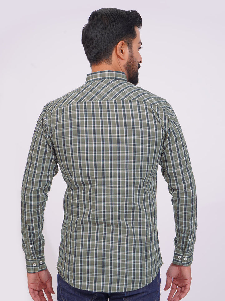 Green Color Check Button Down Casual Shirt (CSC-133)