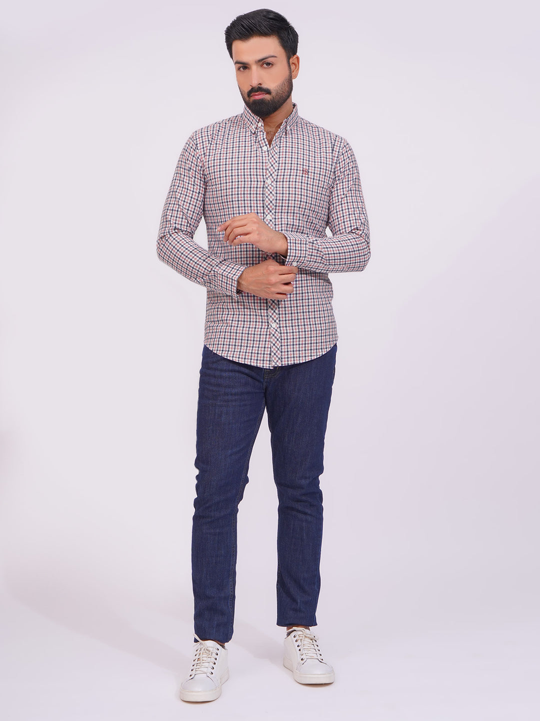 Orange Color Check Button Down Casual Shirt (CSC-134)