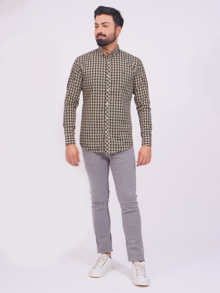 Brown Color Check Button Down Casual Shirt (CSC-135)