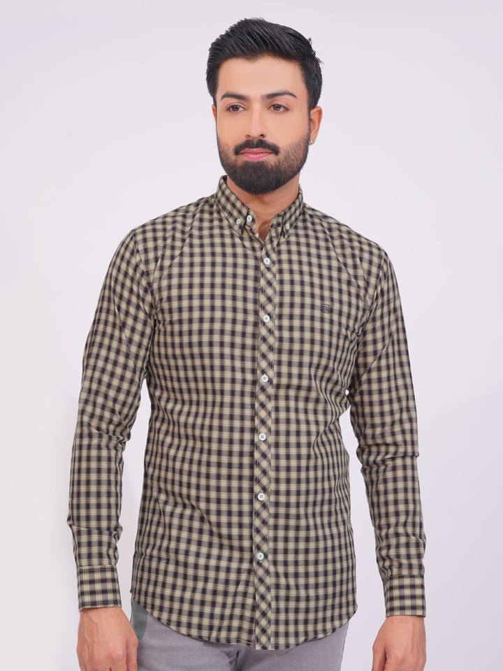 Brown Color Check Button Down Casual Shirt (CSC-135)