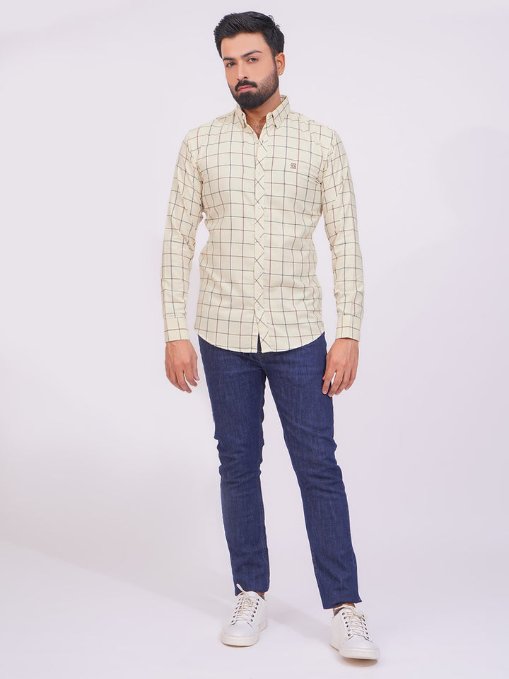 Fawn Color Check Button Down Casual Shirt (CSC-136)