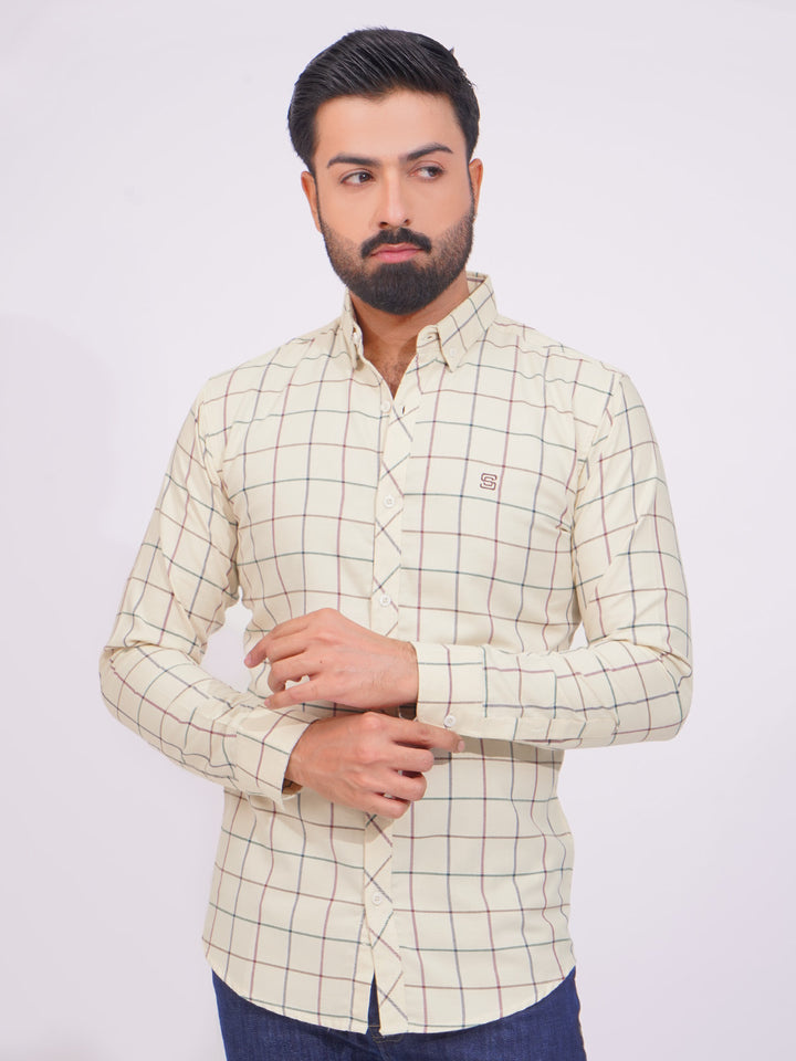 Fawn Color Check Button Down Casual Shirt (CSC-136)