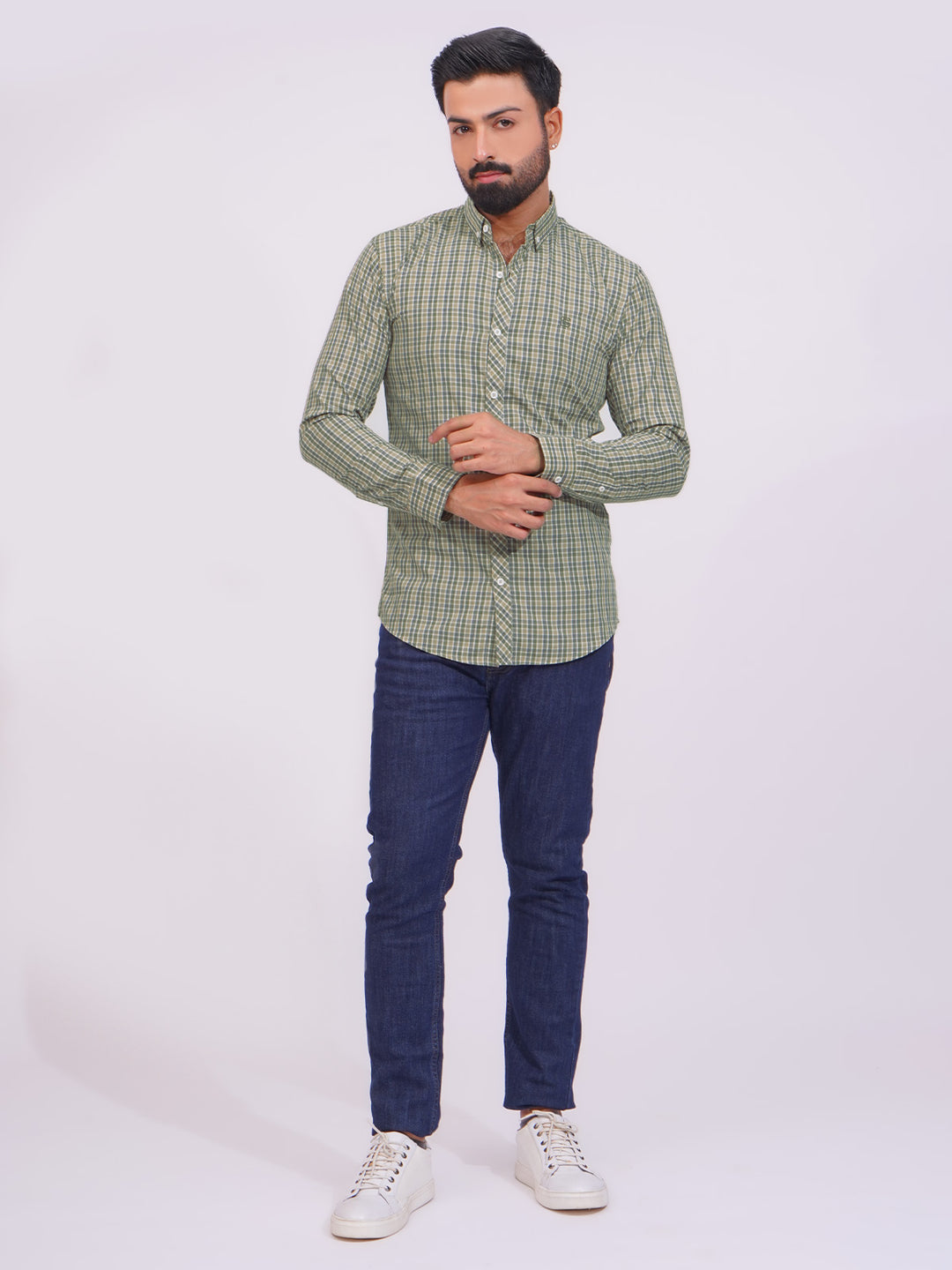 Green Color Check Button Down Casual Shirt (CSC-137)