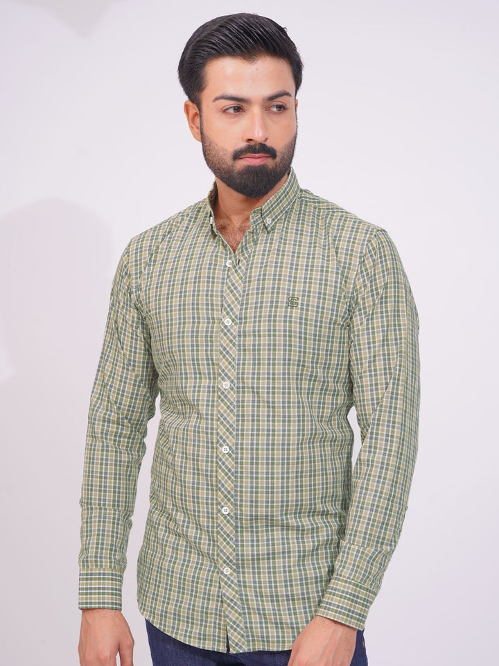 Green Color Check Button Down Casual Shirt (CSC-137)