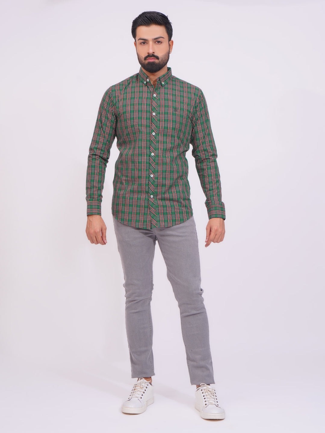 Green Color Check Button Down Casual Shirt (CSC-140)