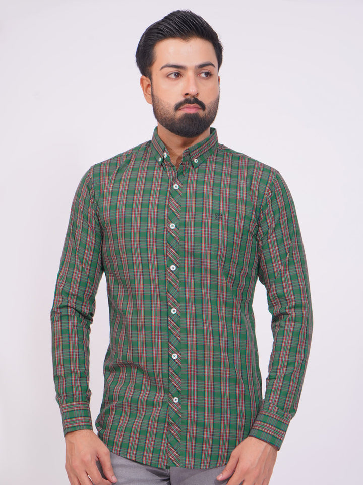 Green Color Check Button Down Casual Shirt (CSC-140)