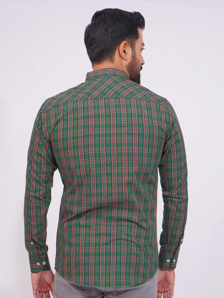 Green Color Check Button Down Casual Shirt (CSC-140)