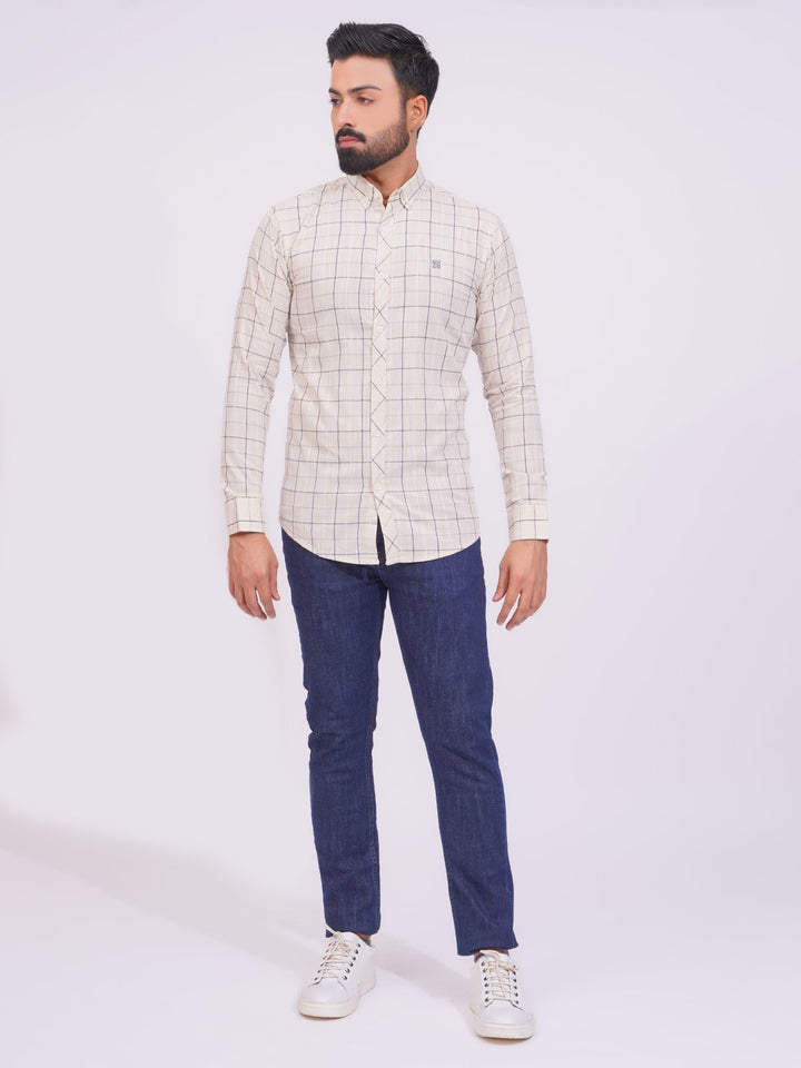 Light Fawn Color Check Button Down Casual Shirt (CSC-142)