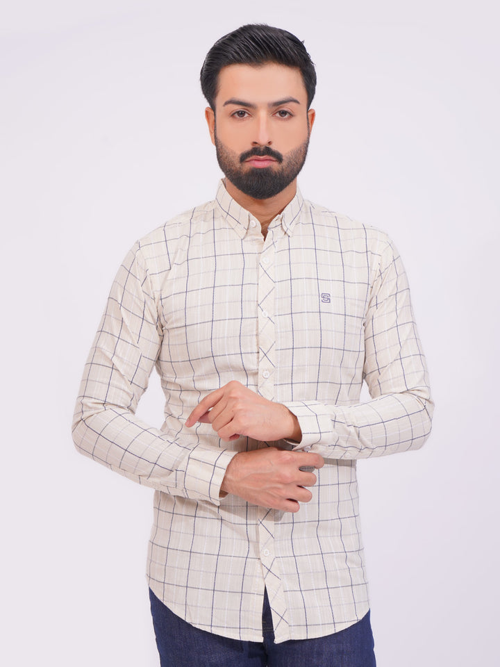 Light Fawn Color Check Button Down Casual Shirt (CSC-142)